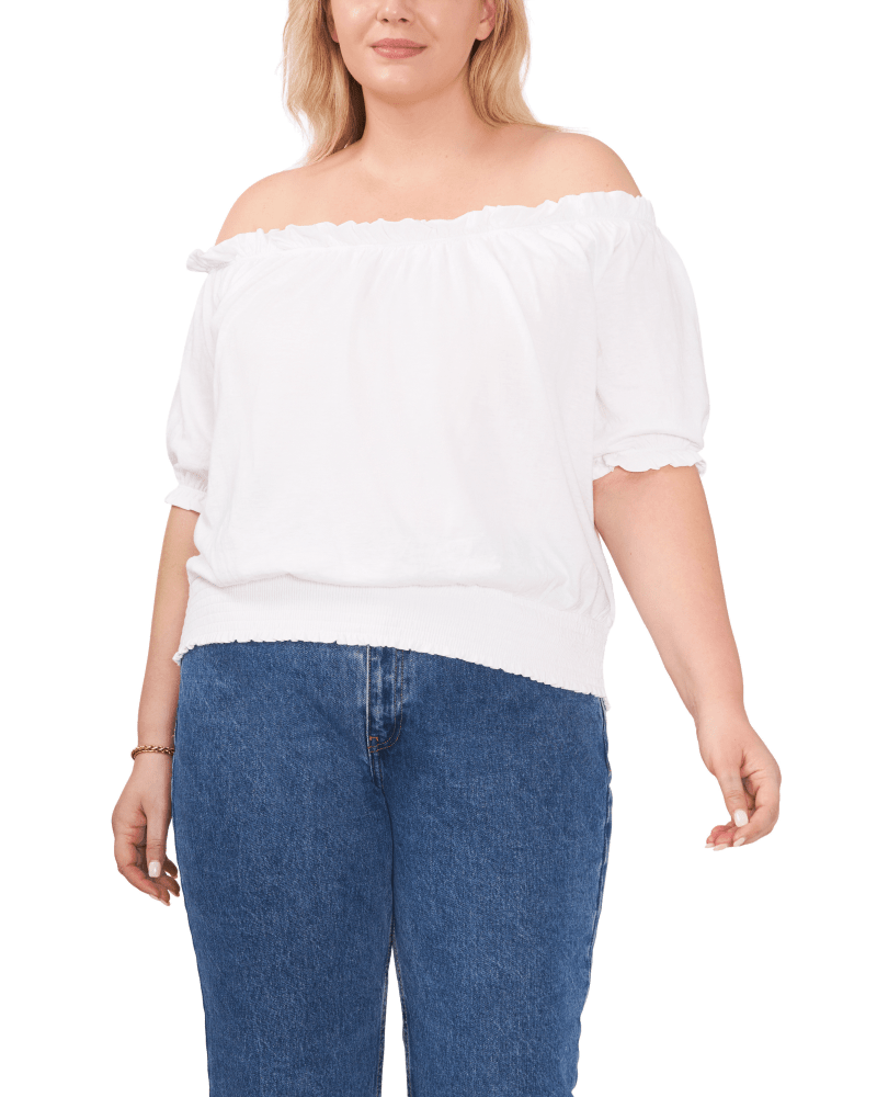 Front of a model wearing a size 0X Kiera Off Shoulder Blouse in ULTRA WHITE-145 by 1.State. | dia_product_style_image_id:262523